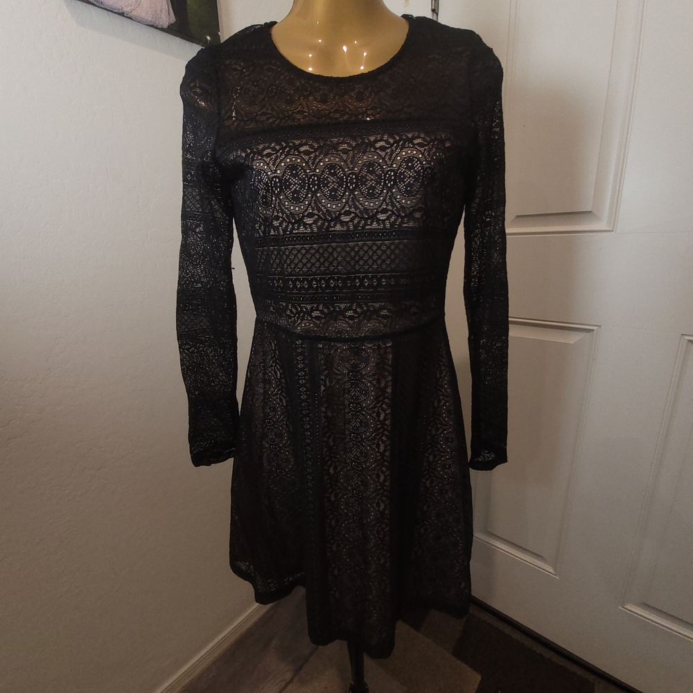 Altar'd State Elegant Black Lace Long Sleeve Dress